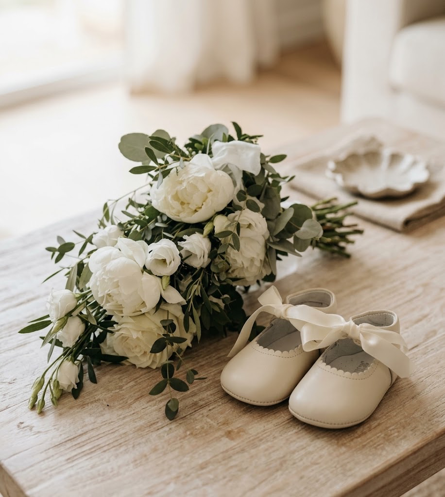 A lifestyle photograph, featuring natural lighting and sharp focus, of a pair of cream-colored leather baby ballet flats with scalloped edges and satin bows, placed on a rustic wooden table next to a lush bouquet of white peonies and roses.