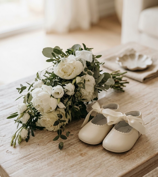 A lifestyle photograph, featuring natural lighting and sharp focus, of a pair of cream-colored leather baby ballet flats with scalloped edges and satin bows, placed on a rustic wooden table next to a lush bouquet of white peonies and roses.