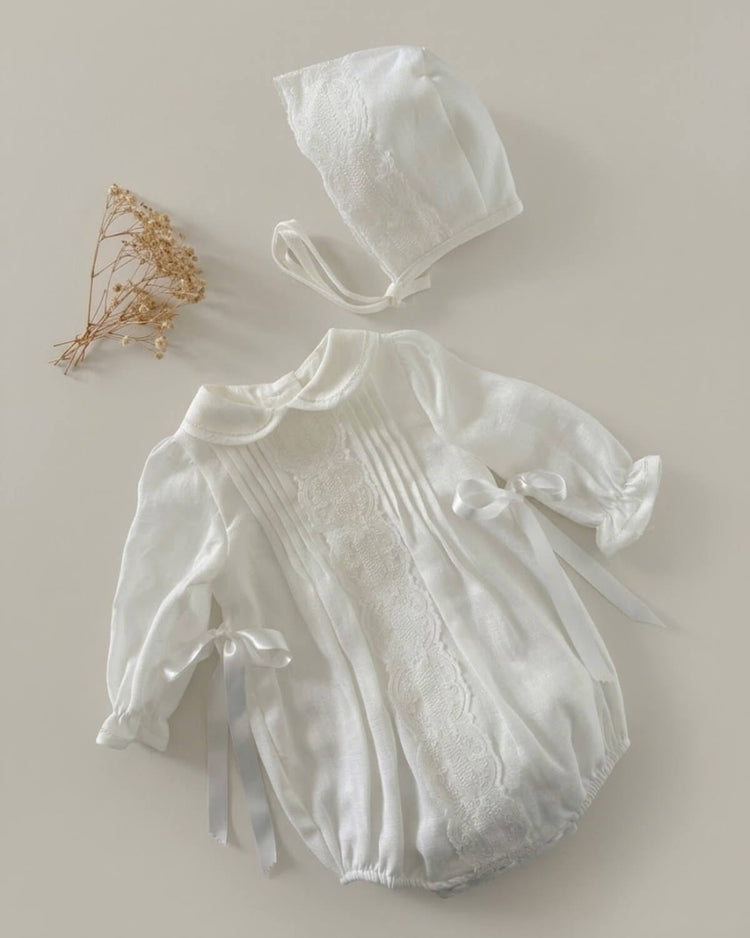 Baby christening cream linen romper with long sleeves, lace trim and matching bonnet