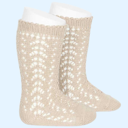 Beige Perle Cotton Open-Knit High Socks