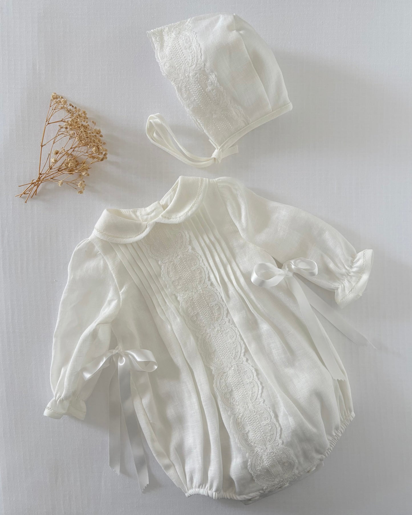 Long Sleeved Linen Romper With Bonnet