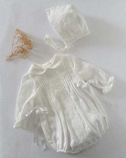 Baby christening cream linen romper with long sleeves, lace trim and matching bonnet