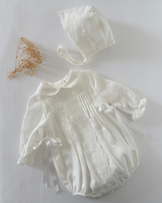 Long Sleeved Linen Romper With Bonnet