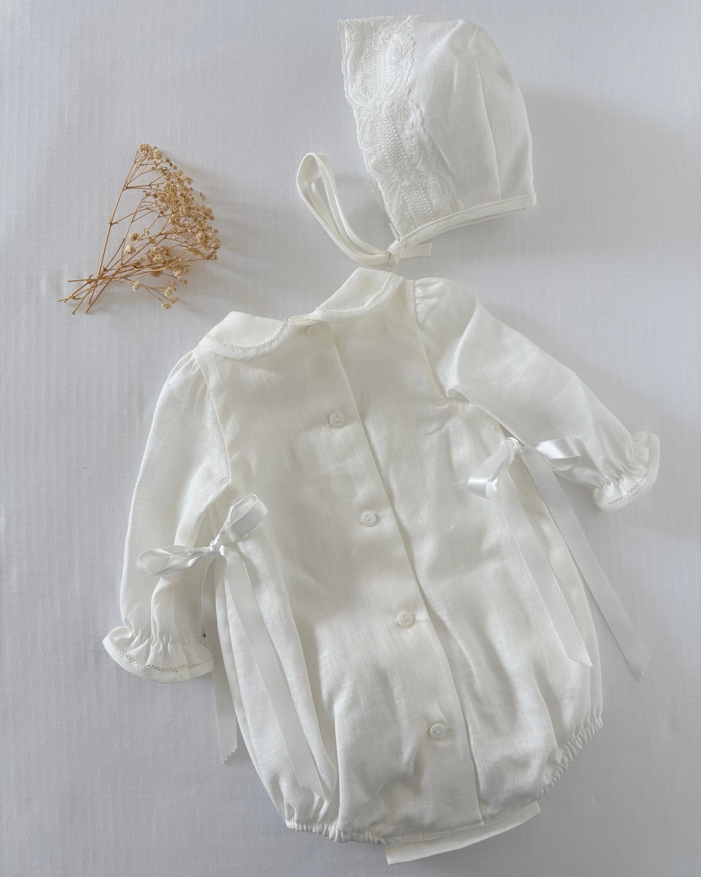 Long Sleeved Linen Romper With Bonnet