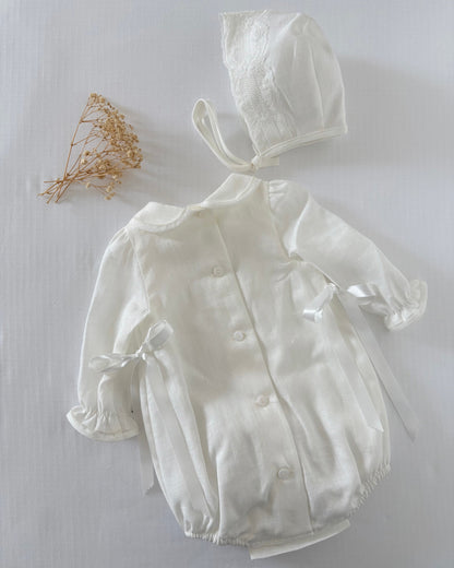 Long Sleeved Linen Romper With Bonnet