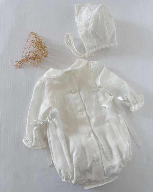 Long Sleeved Linen Romper With Bonnet