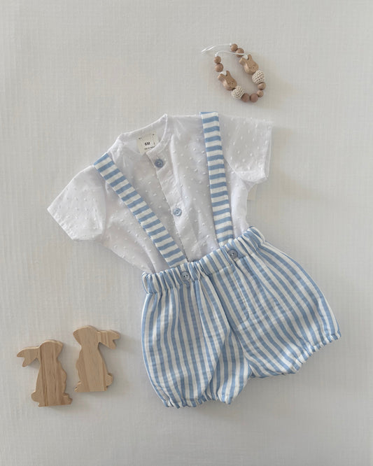 Blue & White Romper & Blouse Set