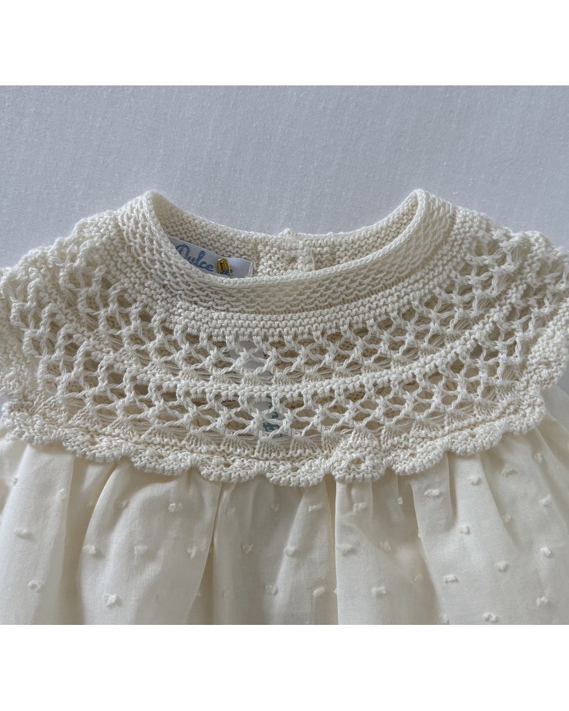 Beige Juno Plumetis Dress with Bloomers and Bonnet