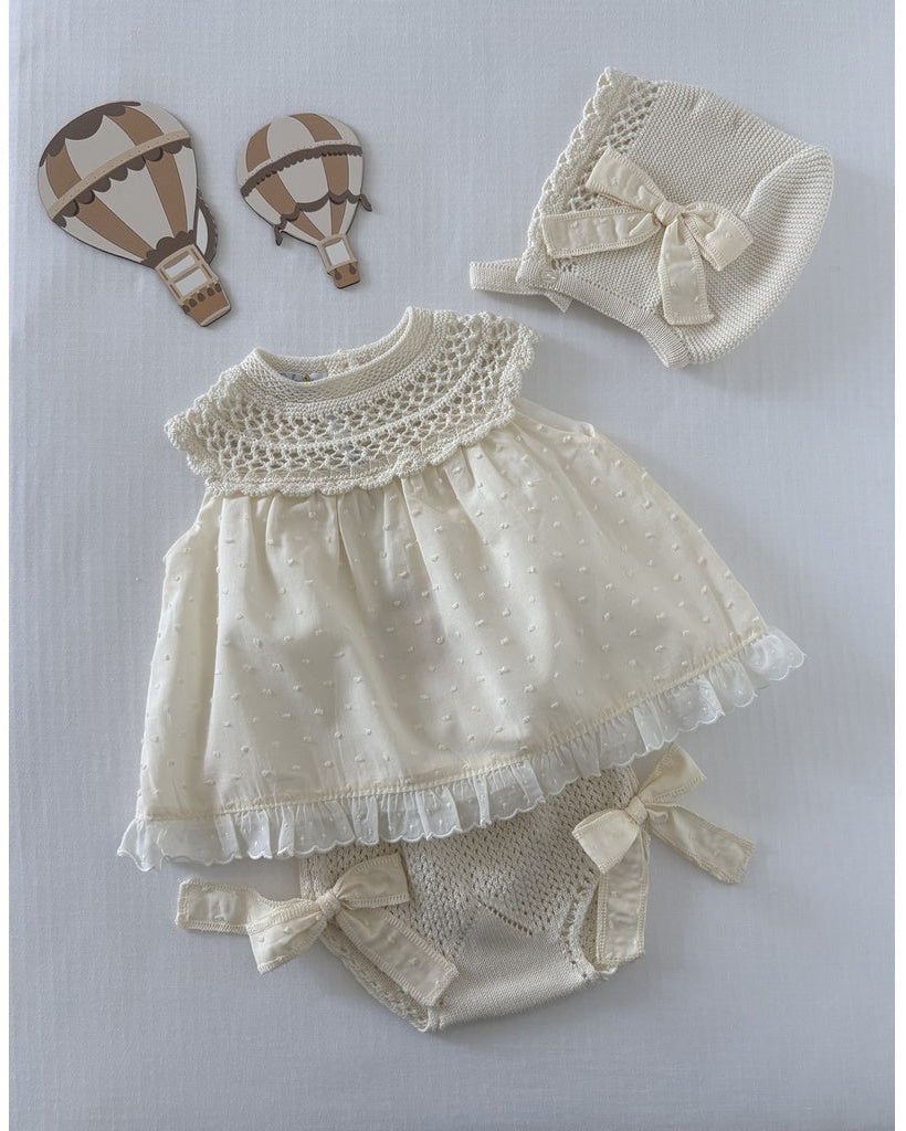 Beige Juno Plumetis Dress with Bloomers and Bonnet