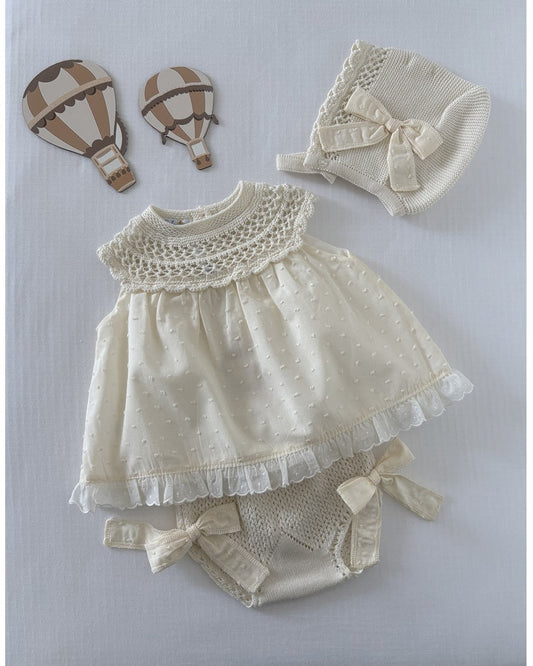 Beige Juno Plumetis Dress with Bloomers and Bonnet