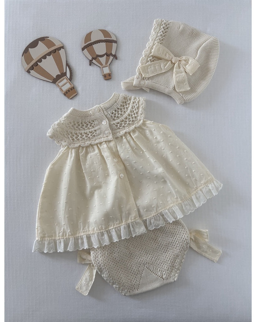 Beige Juno Plumetis Dress with Bloomers and Bonnet