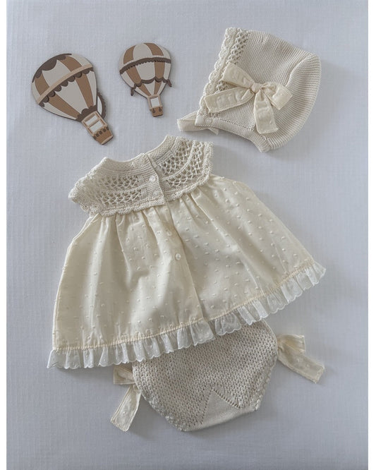 Beige Juno Plumetis Dress with Bloomers and Bonnet
