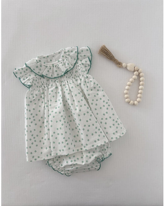 White & Green Dress with Bloomers