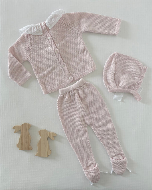 Pink Knitted Set with Bonnet
