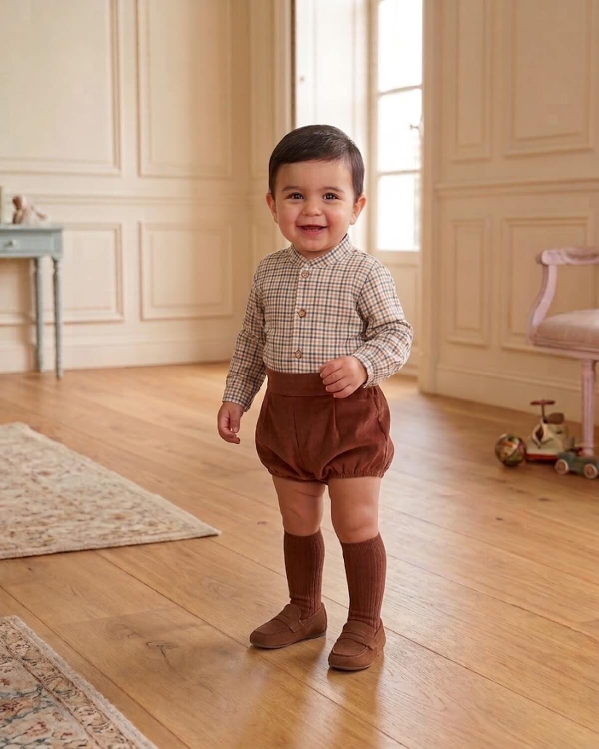 Baby boy wearing traditional Spanish checked shirt, rust corduroy bloomers, matching knee socks and loafers.
