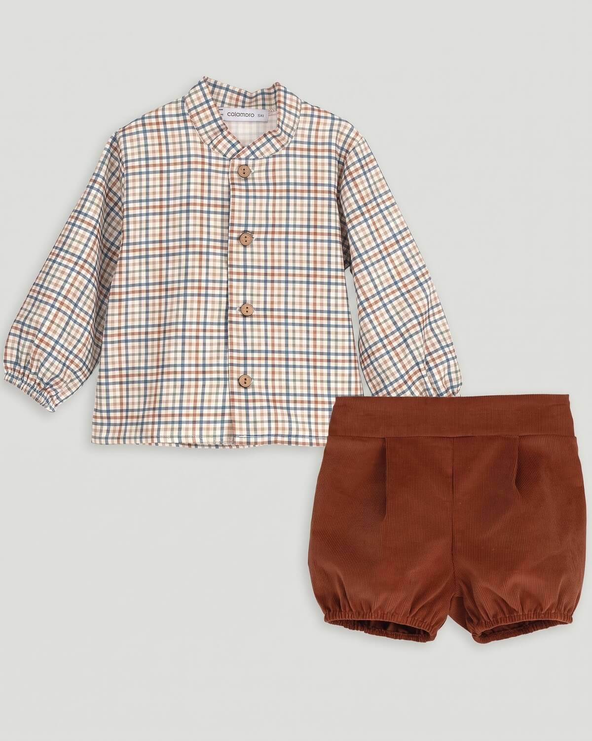 Calamaro traditional Spanish two-piece baby boy set with checked grandad collar shirt and rust corduroy bloomers.