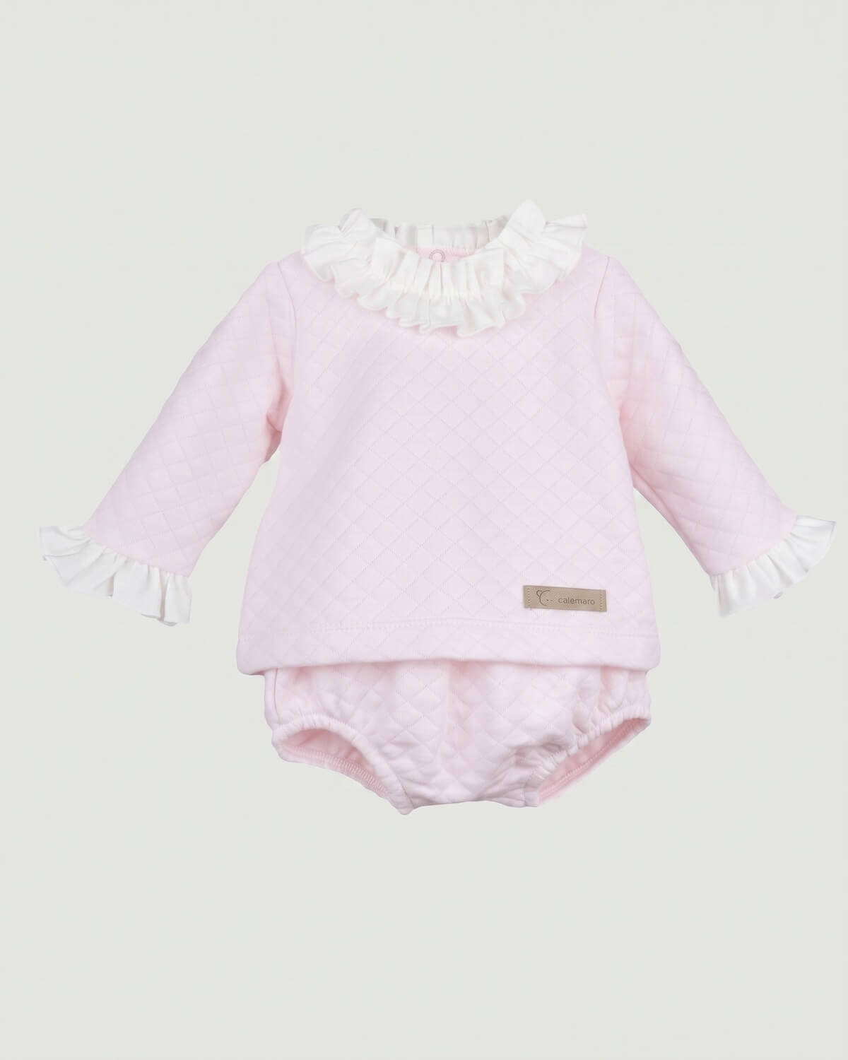 Calamaro traditional Spanish two-piece baby set with pink quilted jersey top, ruffle collar and matching bloomers.