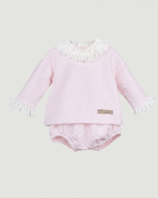 Calamaro traditional Spanish two-piece baby set with pink quilted jersey top, ruffle collar and matching bloomers.