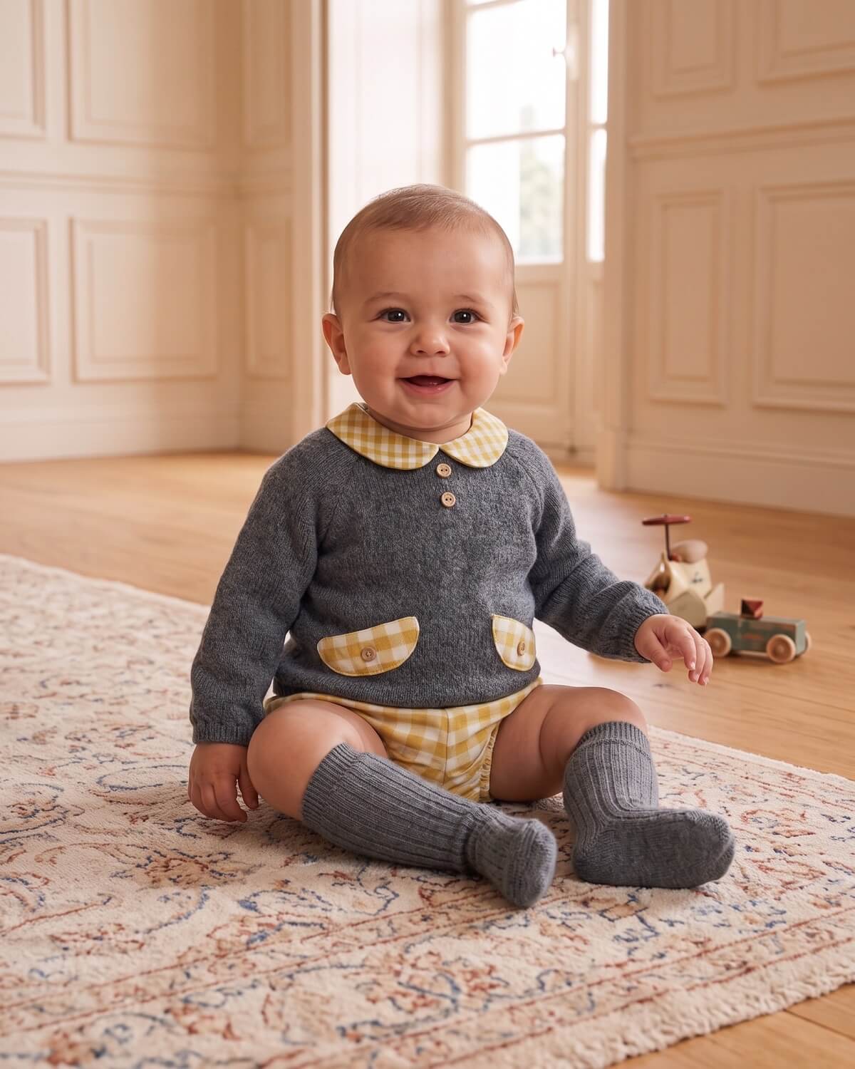 Baby wearing traditional Spanish grey knitted jumper with yellow gingham Peter Pan collar, faux pockets and matching knee socks.