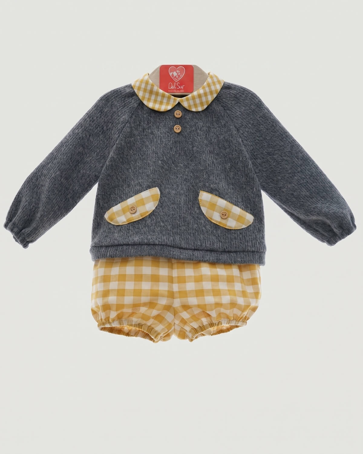 Del Sur traditional Spanish two-piece baby set with grey knitted jumper and mustard yellow gingham bloomers.