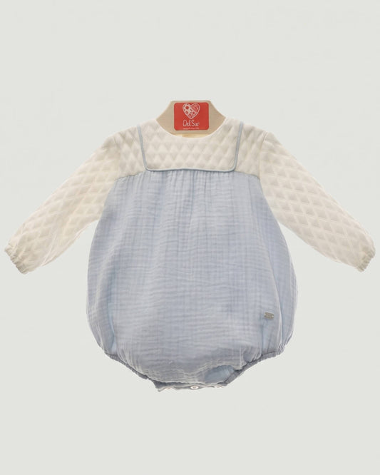 Del Sur traditional Spanish baby romper in light blue gauze and cream quilted jersey.