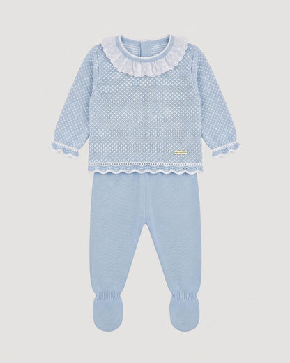 Don Algodon traditional Spanish two-piece knitted baby set with light blue jumper and matching footed leggings.