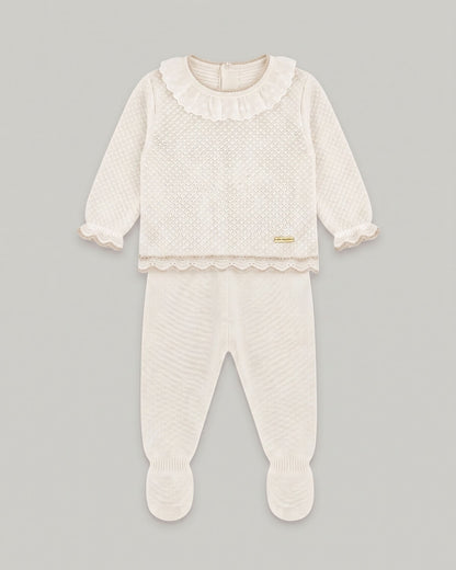Don Algodon traditional Spanish two-piece knitted baby set with ivory beige jumper and matching footed leggings.