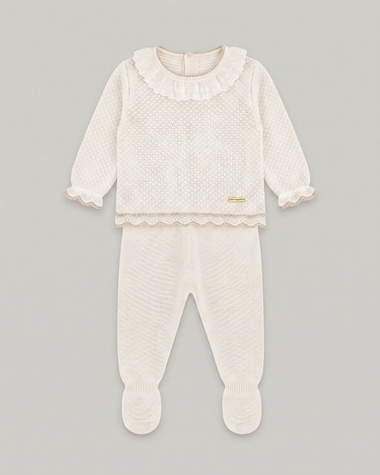 Don Algodon traditional Spanish two-piece knitted baby set with ivory beige jumper and matching footed leggings.