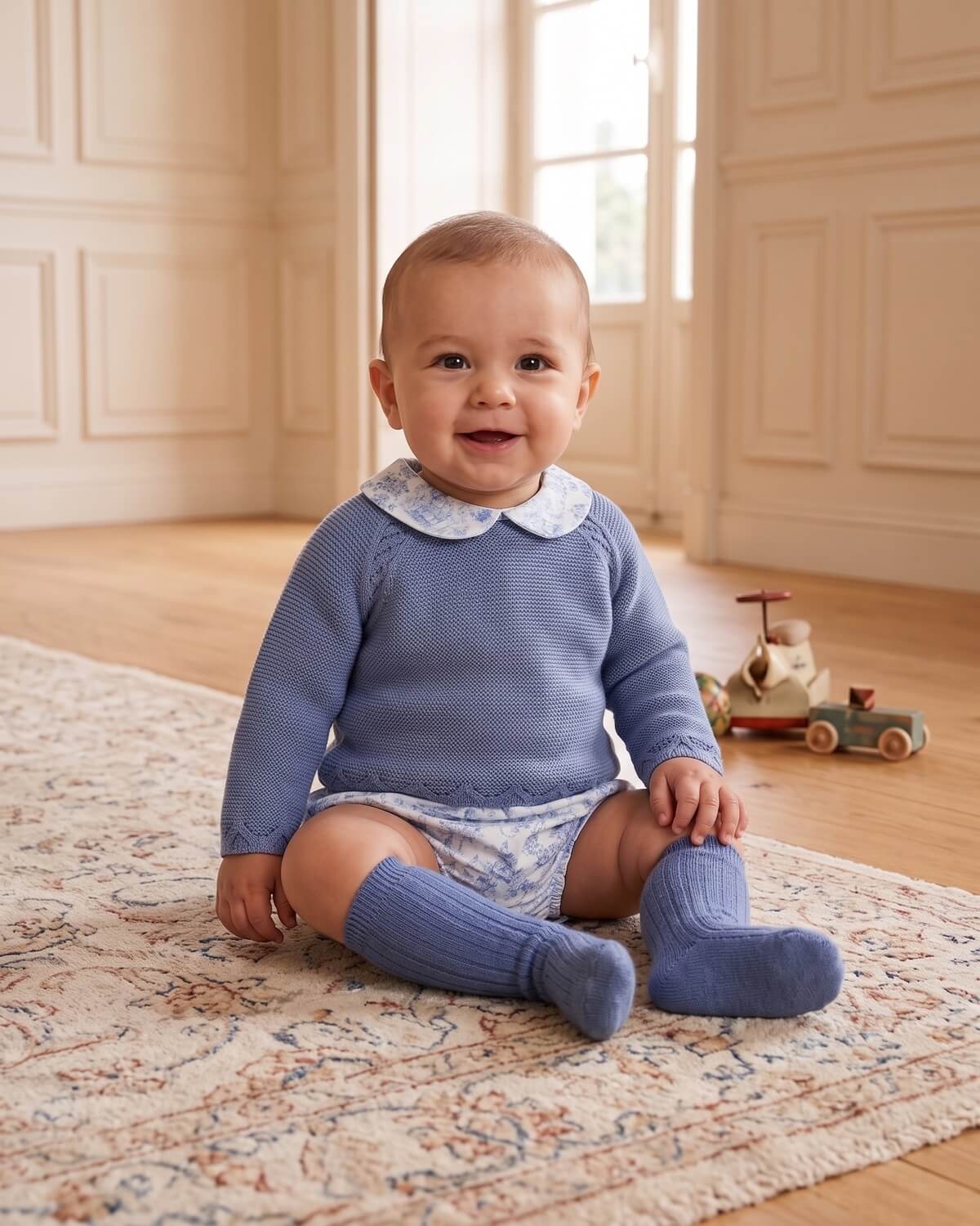 Baby wearing traditional Spanish dusty blue knitted jumper and matching toile de Jouy bloomers with knee socks.