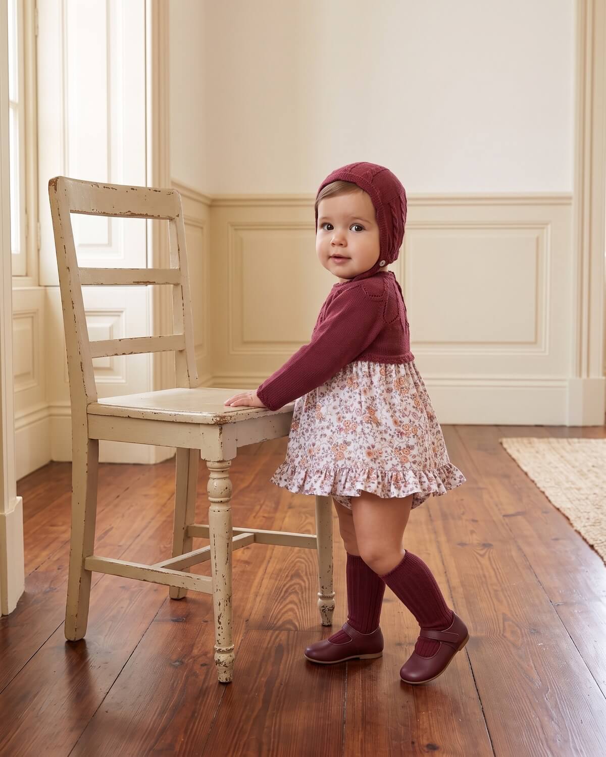 Baby girl wearing traditional Spanish burgundy knitted and floral dress set with matching bonnet and knee socks.