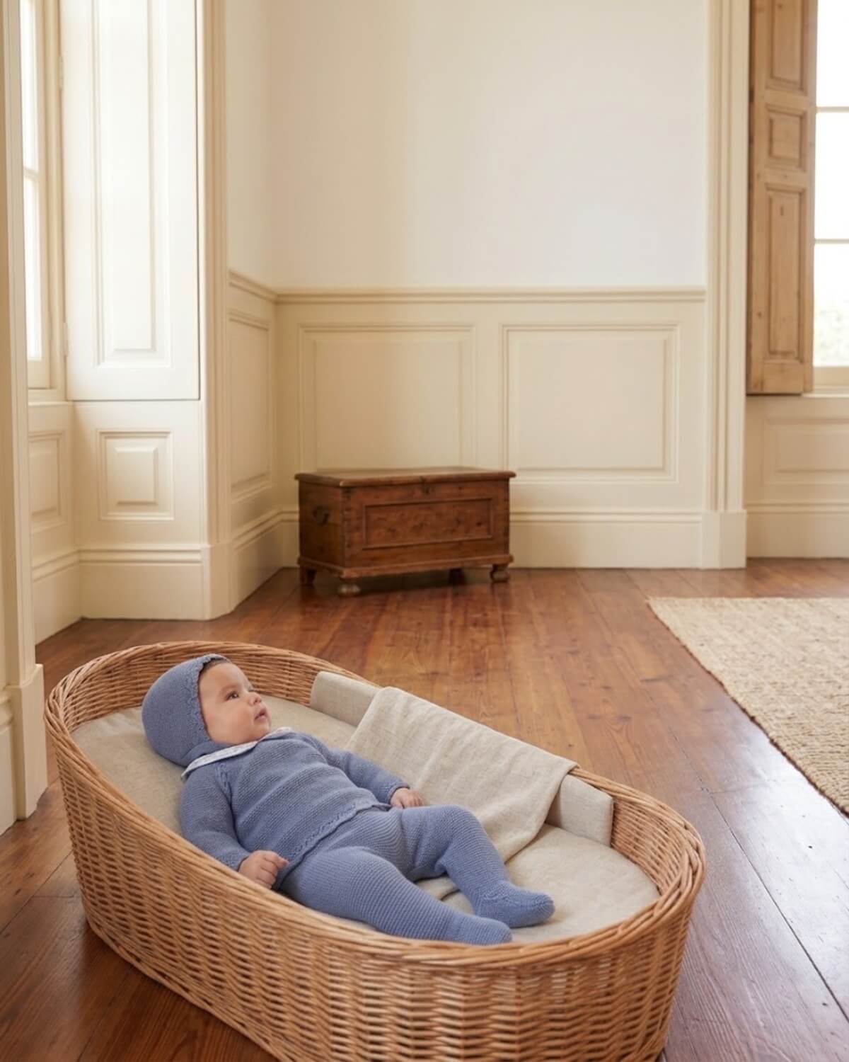 Baby lying in a Moses basket wearing a traditional Spanish dusty blue knitted set with matching bonnet.
