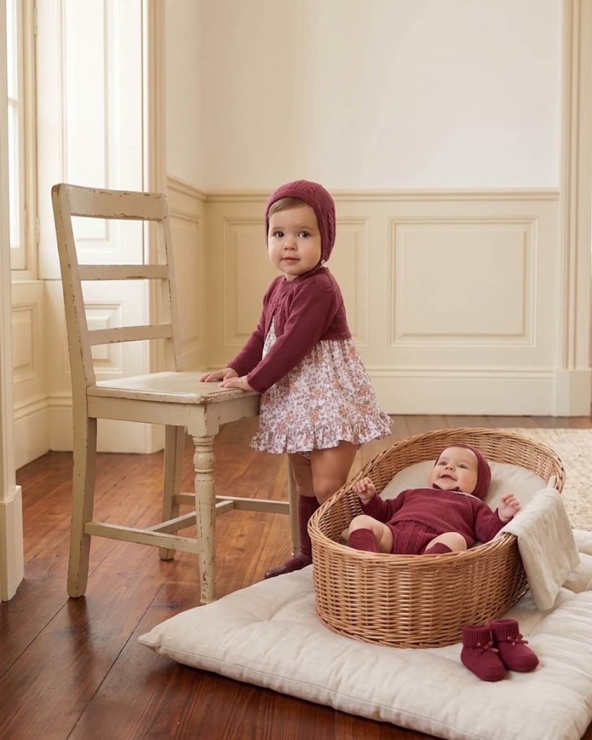 Baby siblings wearing matching Dulce de Fresa traditional Spanish burgundy knitted collection with floral print dress and cable knit set.