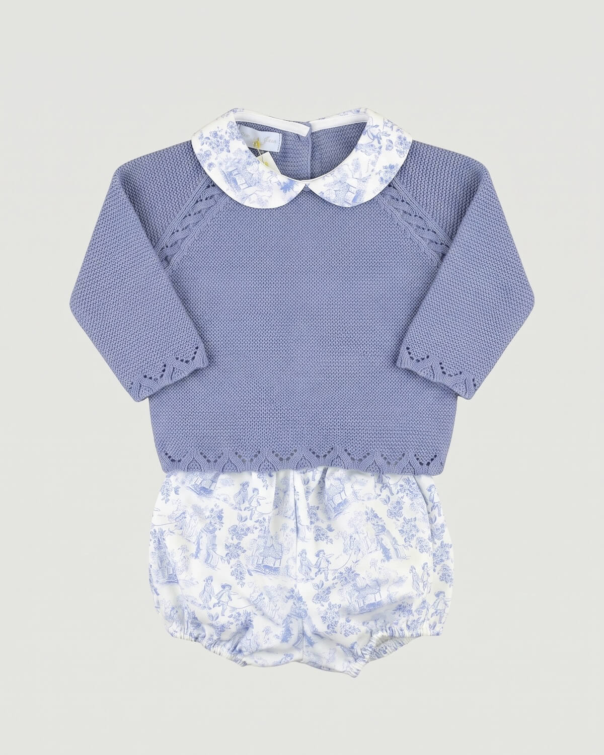 Dulce de Fresa traditional Spanish two-piece baby set with dusty blue knitted jumper and toile de Jouy bloomers.