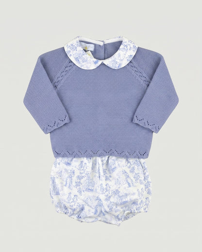 Dulce de Fresa traditional Spanish two-piece baby set with dusty blue knitted jumper and toile de Jouy bloomers.