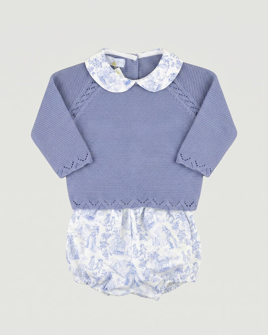 Dulce de Fresa traditional Spanish two-piece baby set with dusty blue knitted jumper and toile de Jouy bloomers.