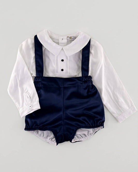Dulce de Fresa traditional Spanish two-piece baby boy formal set with white shirt and navy blue velvet braces bloomers.