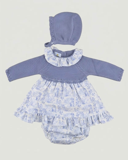 Dulce de Fresa 3-piece traditional Spanish baby girl dress set with dusty blue knitted yoke, toile de Jouy skirt, bloomers and matching bonnet.