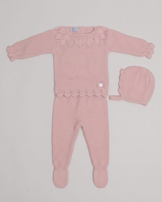 Dulce de Fresa traditional Spanish 3-piece knitted baby set with dusty pink jumper, leaf pattern yoke, footed leggings and matching bonnet. 