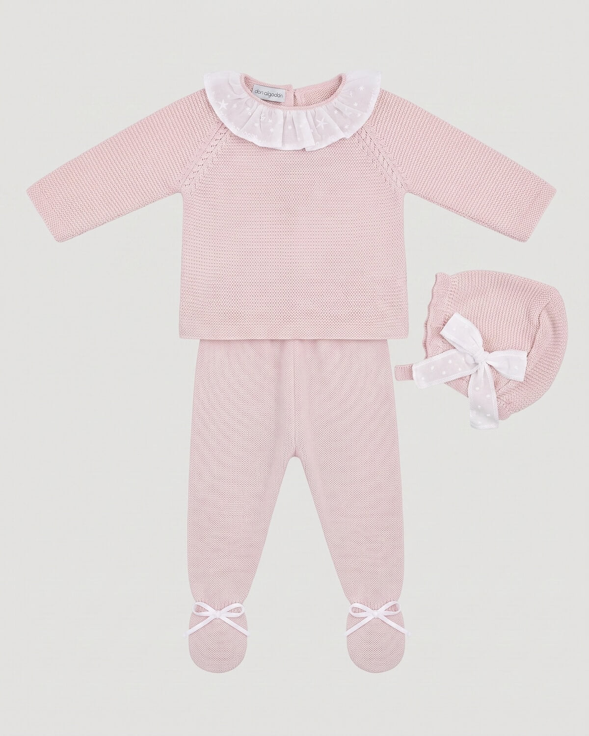 Dulce de Fresa traditional Spanish 3-piece knitted baby set with pink jumper, footed leggings and matching bonnet.