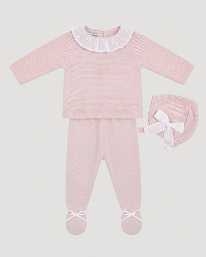 Dulce de Fresa traditional Spanish 3-piece knitted baby set with pink jumper, footed leggings and matching bonnet.