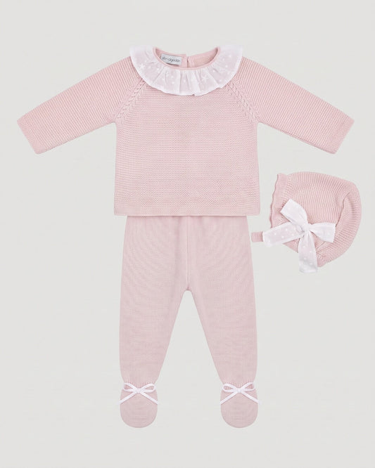 Dulce de Fresa traditional Spanish 3-piece knitted baby set with pink jumper, footed leggings and matching bonnet.