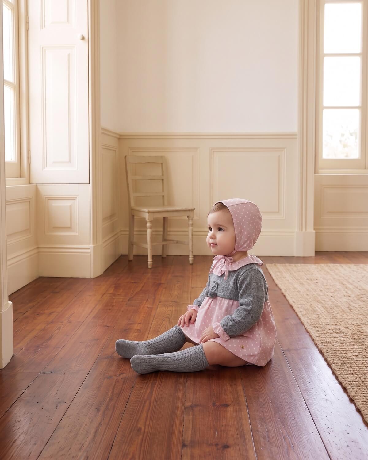 Baby girl sitting down wearing traditional Spanish dress with grey knitted top, pink polka dot skirt, bonnet and matching grey knee socks.