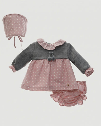 Micolino 3-piece traditional Spanish baby girl dress set with grey knitted bodice, pink polka dot skirt, matching bloomers and bonnet.