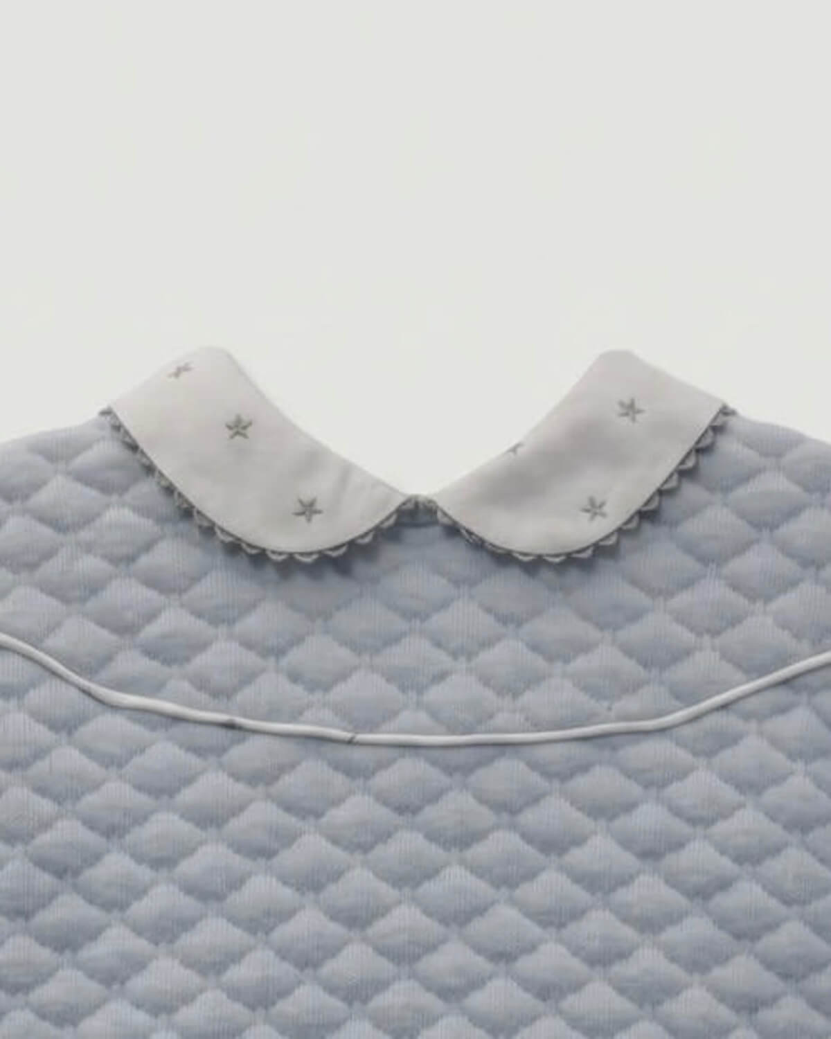 Close-up detail of Peter Pan collar with embroidered stars on blue quilted baby top.
