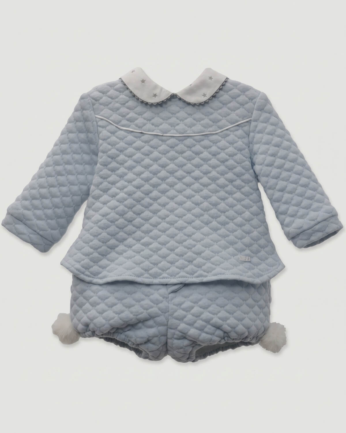 Yoedu traditional Spanish two-piece baby boy set with blue quilted top and matching pom-pom bloomers.