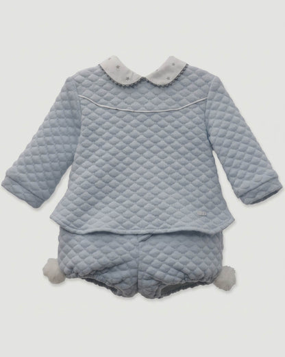 Yoedu traditional Spanish two-piece baby boy set with blue quilted top and matching pom-pom bloomers.