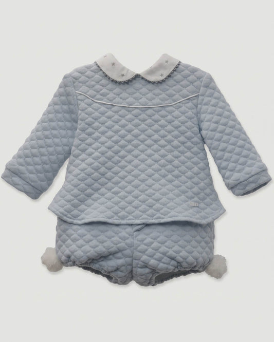 Yoedu traditional Spanish two-piece baby boy set with blue quilted top and matching pom-pom bloomers.
